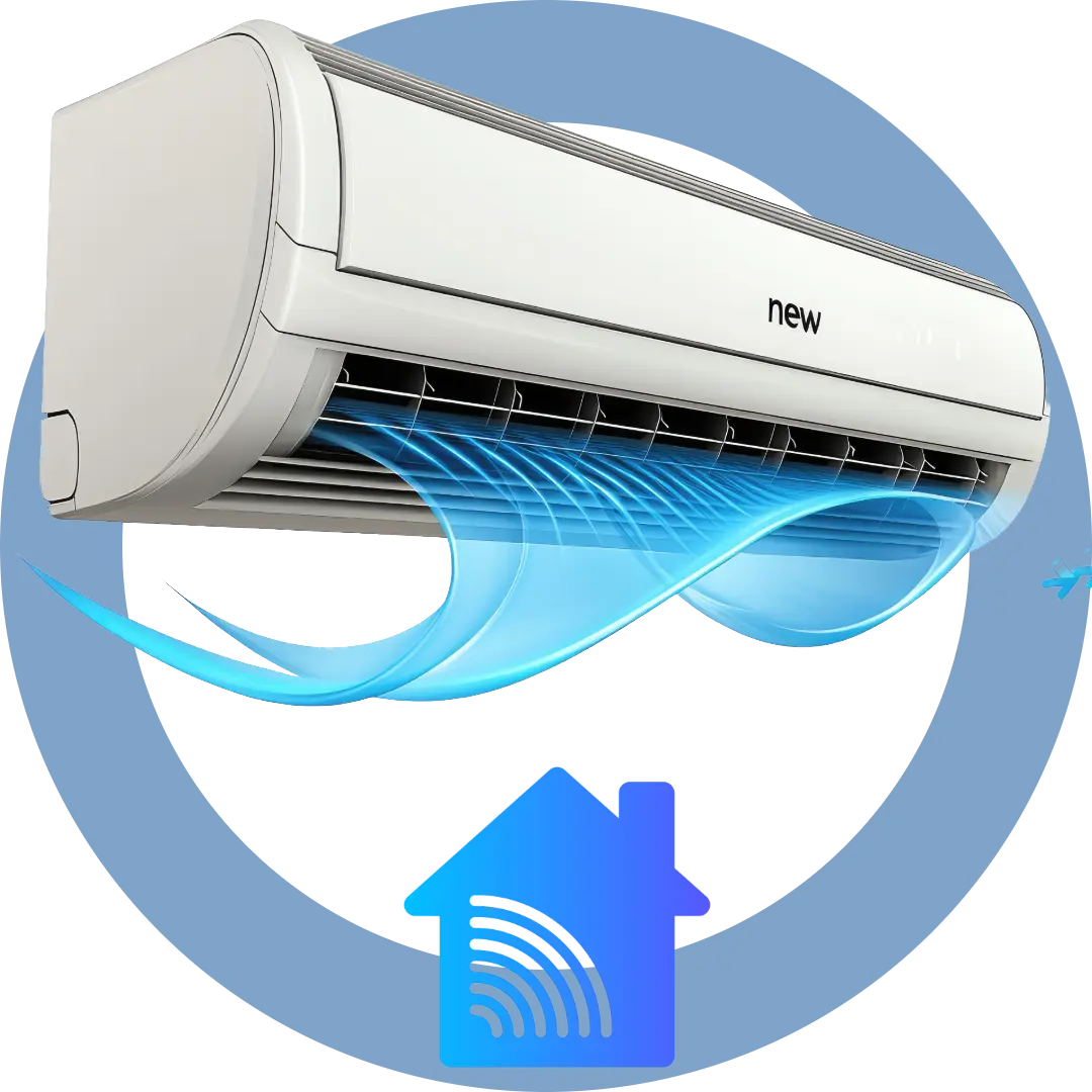 מזגן שיוצא ממנו אוויר כחול ברקע עיגול