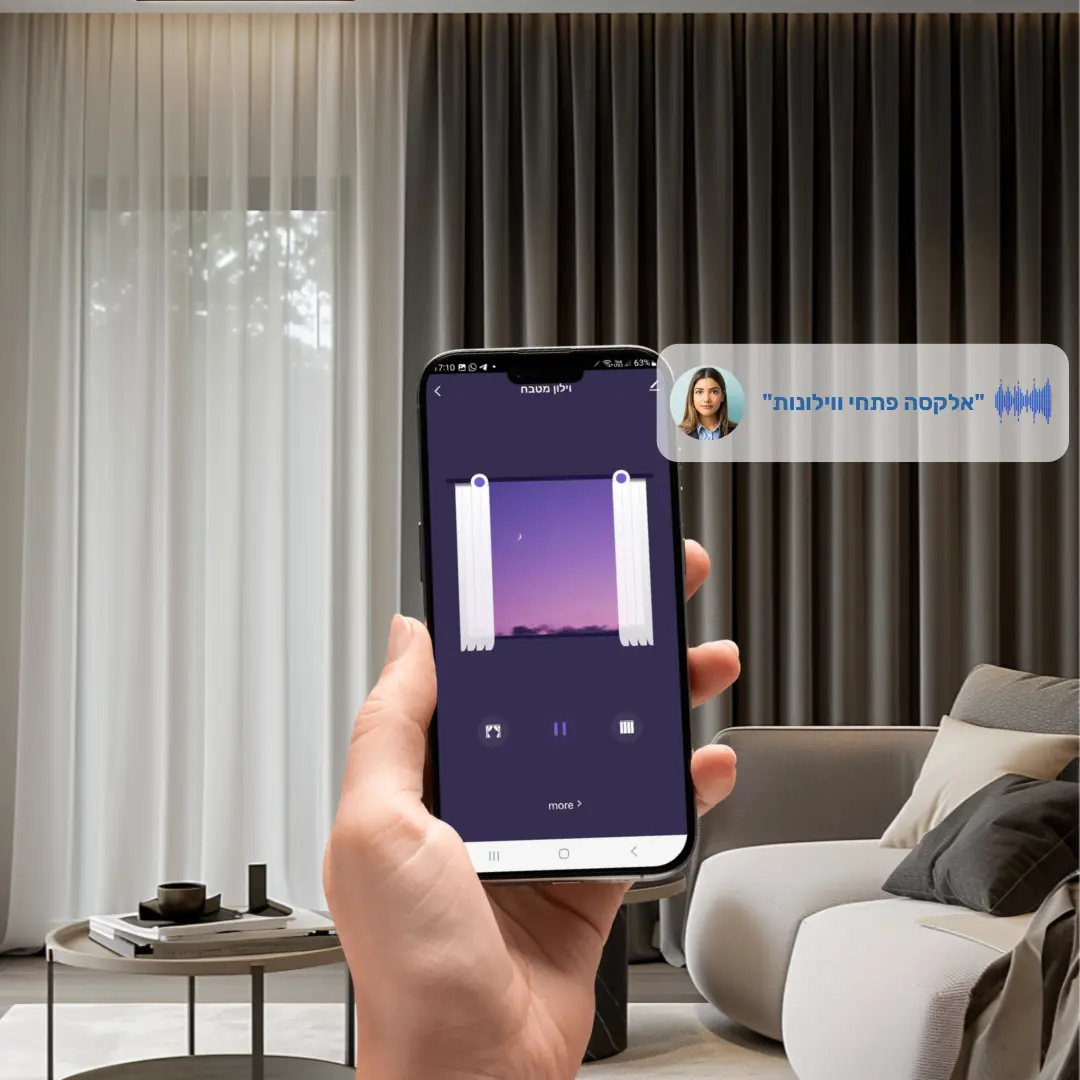 אלפיקציה שמציגה פתיחת ווילונות וברקע סלון עם ווילונות