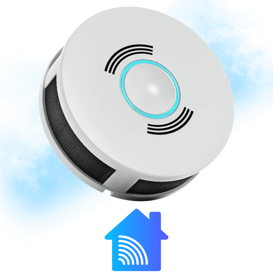 חיישן אש מעוצב עם רקע כחול ואייקון של בית חכם
