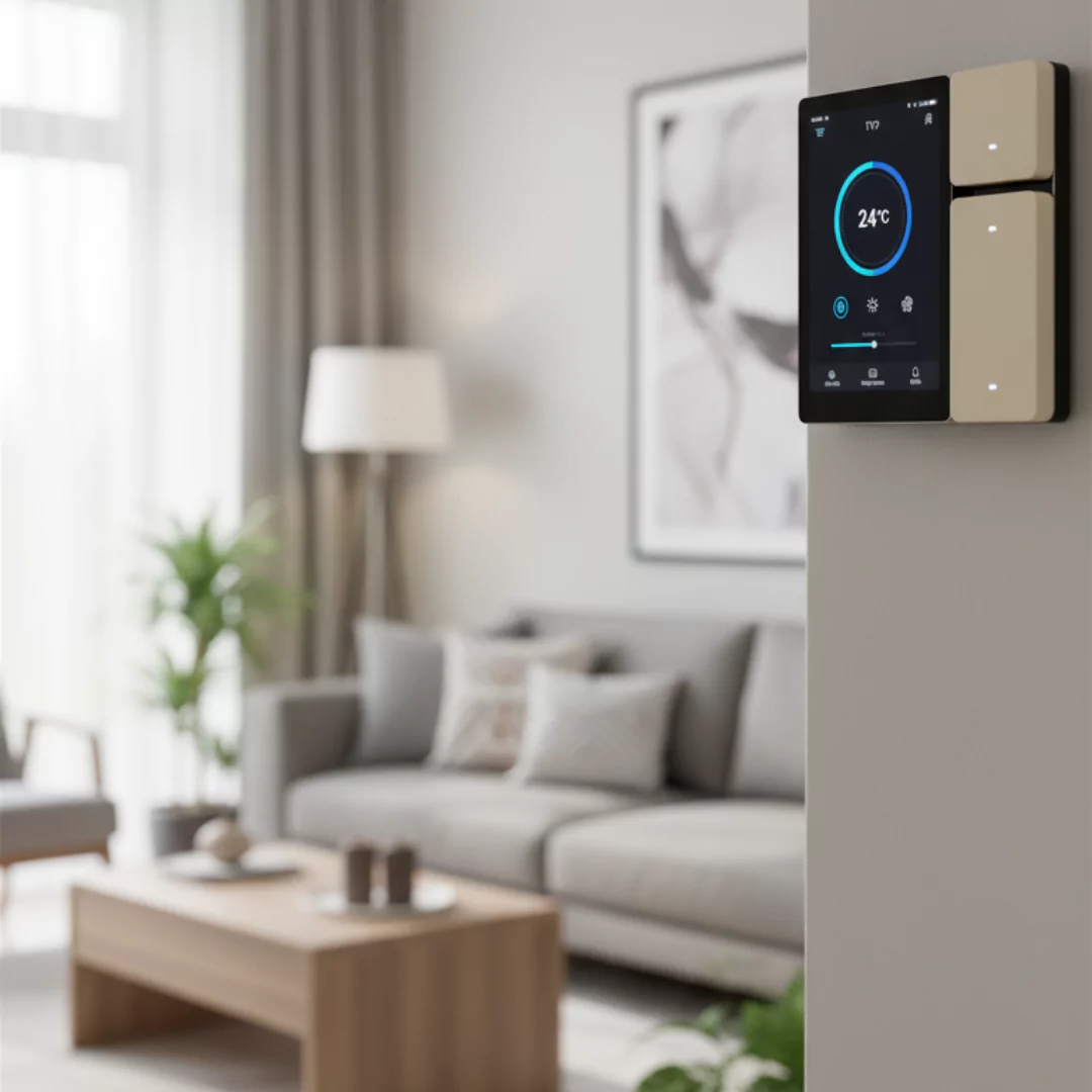 פאנל שליטה על הקיר וברקע סלון