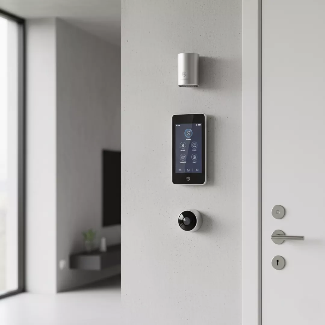 דלת של בית ועל הקיר מערכת אזעקה